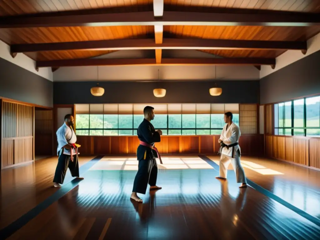 Grupo diverso practica sinergia JiuJitsu Brasileño y Crosstraining en dojo iluminado con luz natural, reflejando intensidad y colaboración