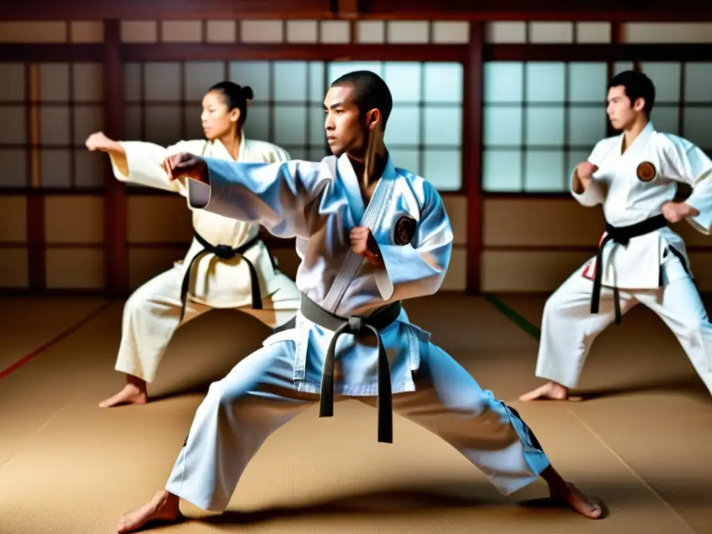 Un grupo diverso exhibe técnicas de karate en un dojo, reviviendo el interés en la cultura pop del karate