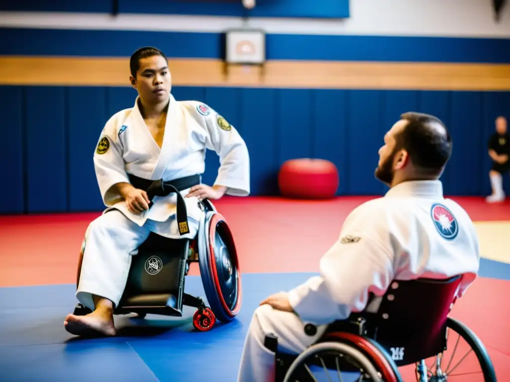 Grupo diverso practica JiuJitsu con adaptación y determinación