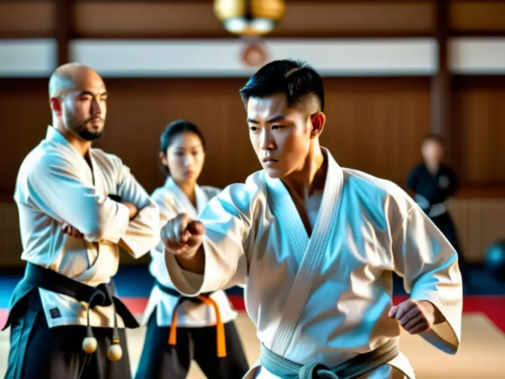 Grupo enfocado y determinado practica artes marciales en un dojo tradicional