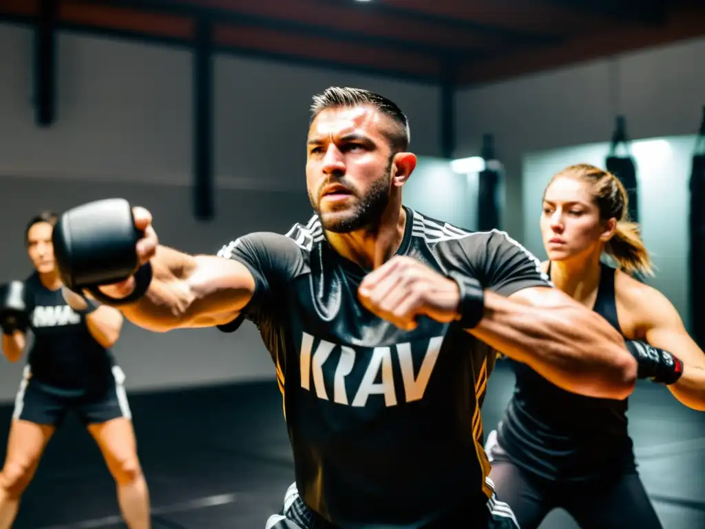 Grupo enfocado de practicantes de Krav Maga realizando intensos ejercicios físicos en un centro de entrenamiento tenue