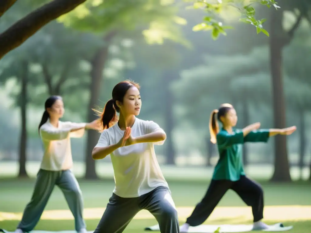 Un grupo de jóvenes practica Tai Chi en un entorno sereno, capturando la calma y fuerza interior