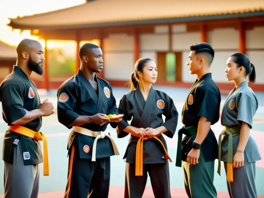 Grupo de entrenadores de artes marciales con uniformes negros, dando consejos de alimentación saludable al atardecer