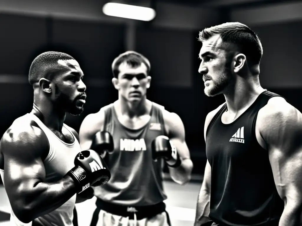 Grupo de entrenadores y luchadores de MMA estrategizando en un gimnasio