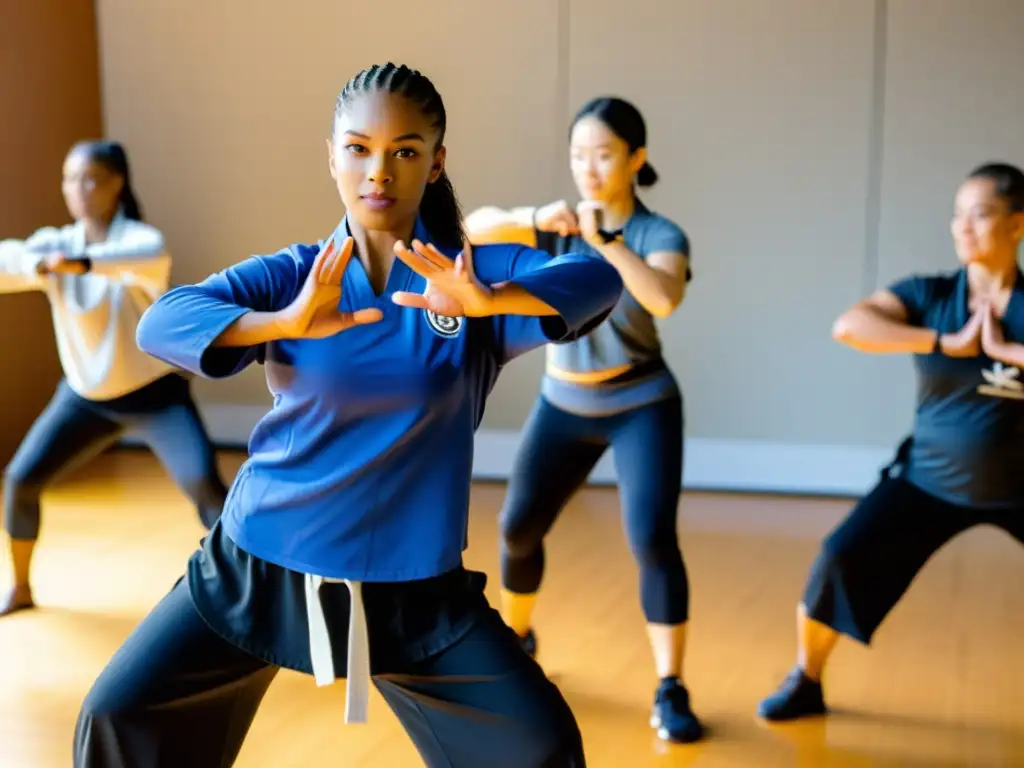 Un grupo de entrenadores personales online lidera una clase virtual de fitness de artes marciales, con participantes de todas las edades y orígenes, mostrando energía y camaradería