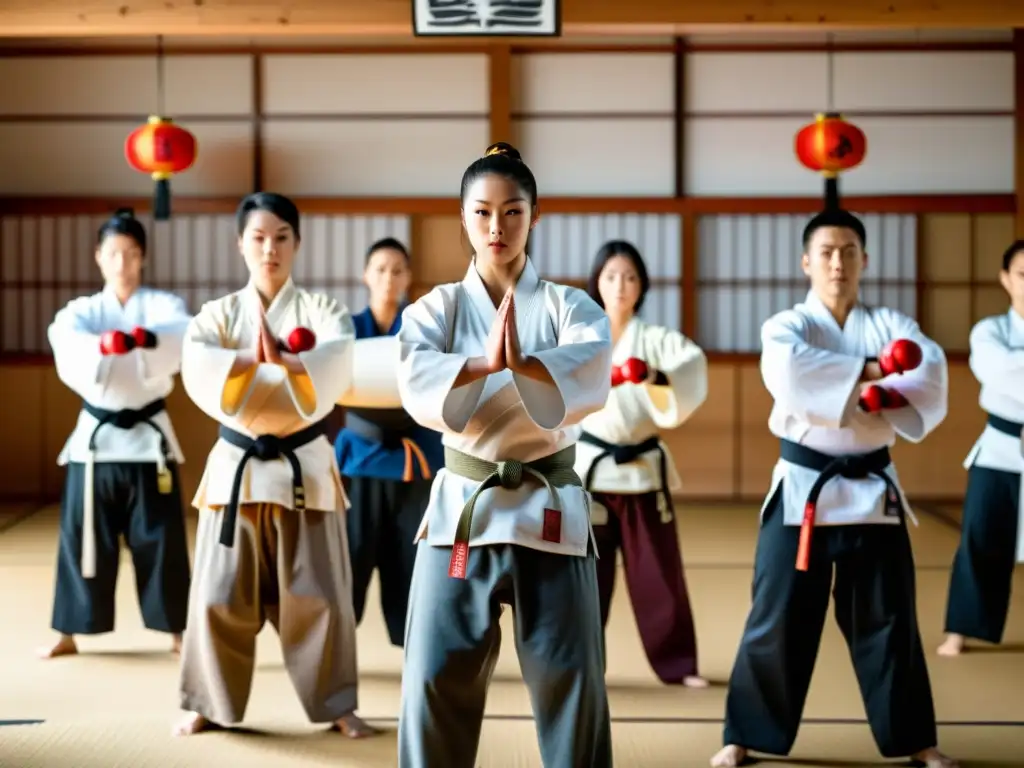 Un grupo de entrenadores personales enseñan técnicas marciales en un dojo tradicional japonés, con una atmósfera intensa y enfocada