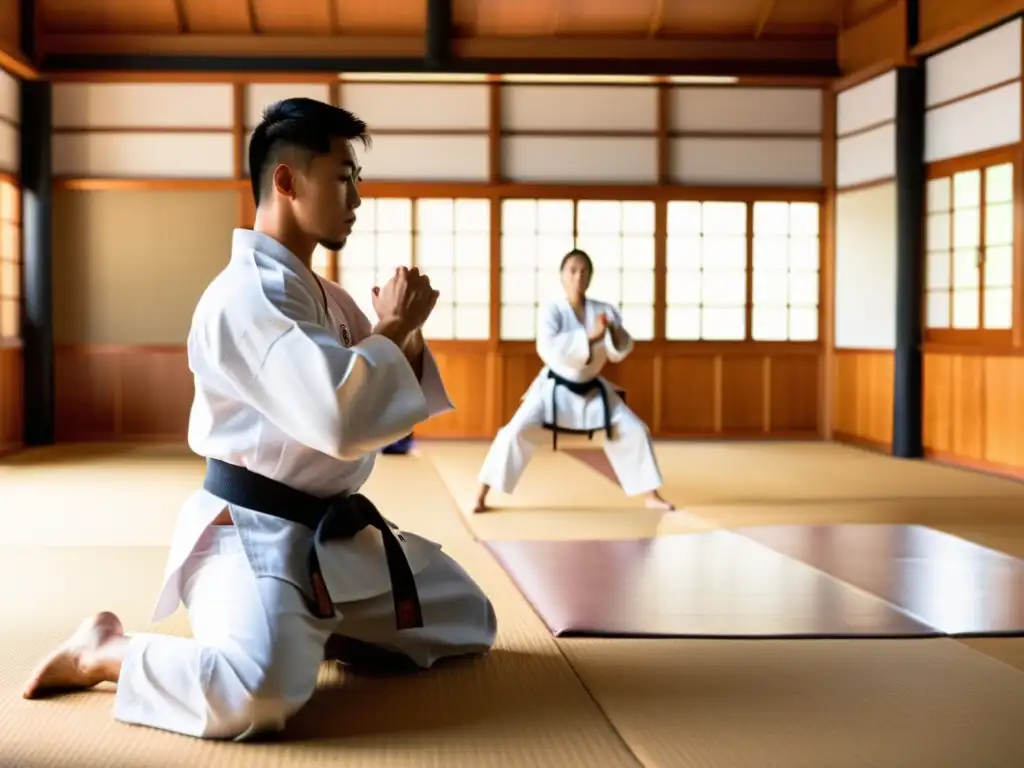 Grupo de entrenadores y practicantes de artes marciales en un dojo tradicional, en una sesión enfocada de entrenamiento