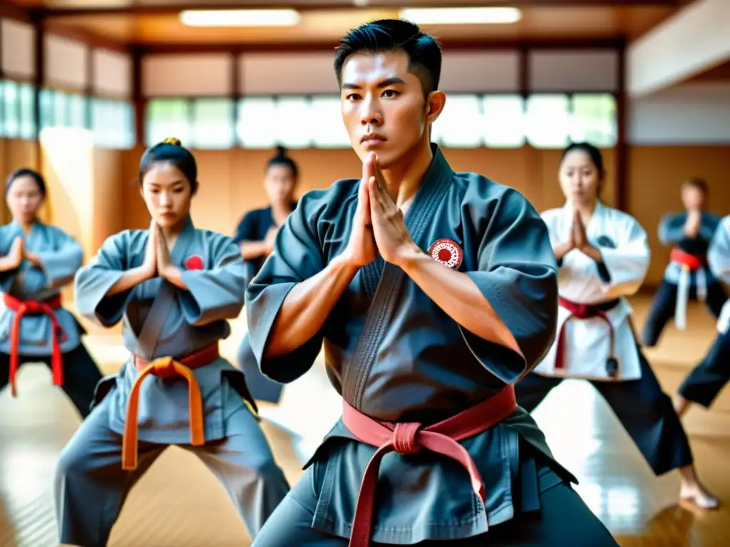 Un grupo de entusiastas de artes marciales en un gimnasio, concentrados en su intenso entrenamiento