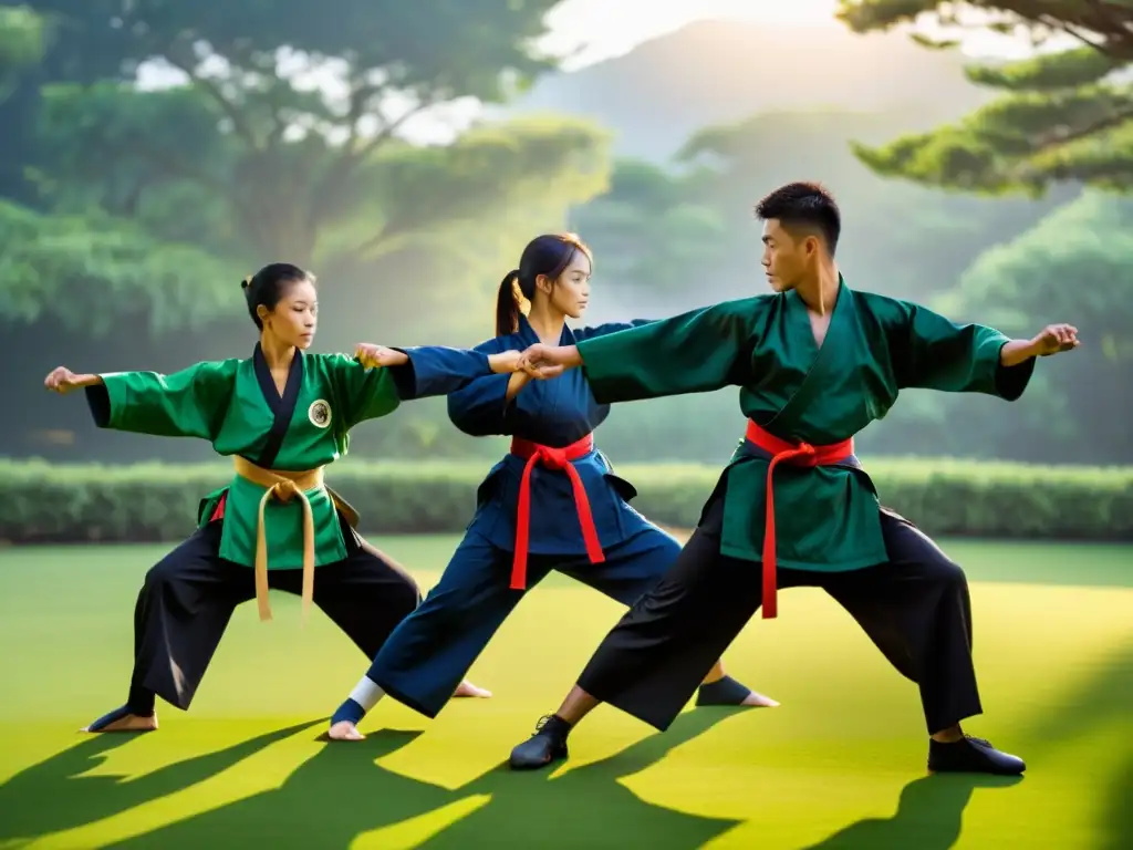 Grupo de entusiastas de artes marciales practicando formas tradicionales en un entorno sereno al aire libre, mostrando unidad y dedicación