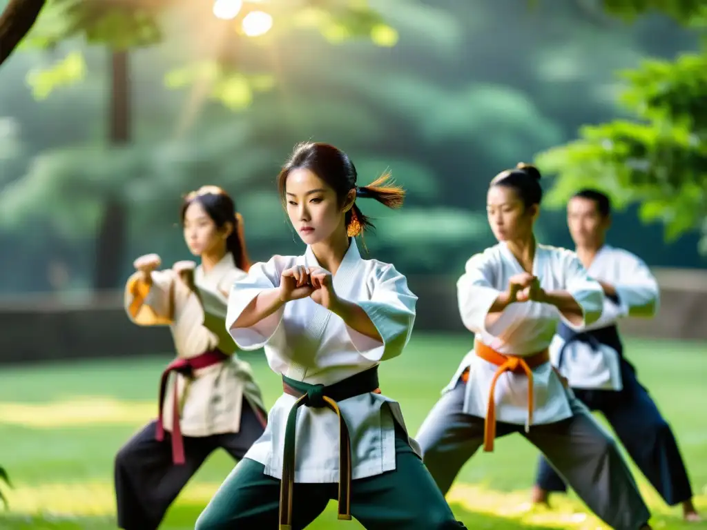 Grupo de entusiastas de artes marciales entrenando al aire libre entre exuberante vegetación, mostrando determinación y disciplina