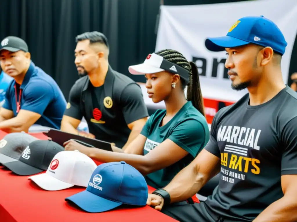 Grupo de entusiastas de artes marciales examinando el merchandising oficial en evento vibrante de artes marciales