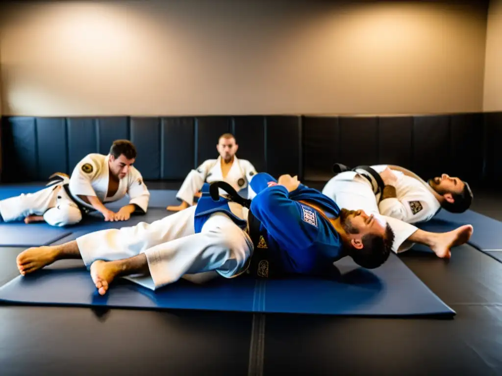 Un grupo de entusiastas de Jiu-jitsu practica en un estudio, con el instructor demostrando una técnica