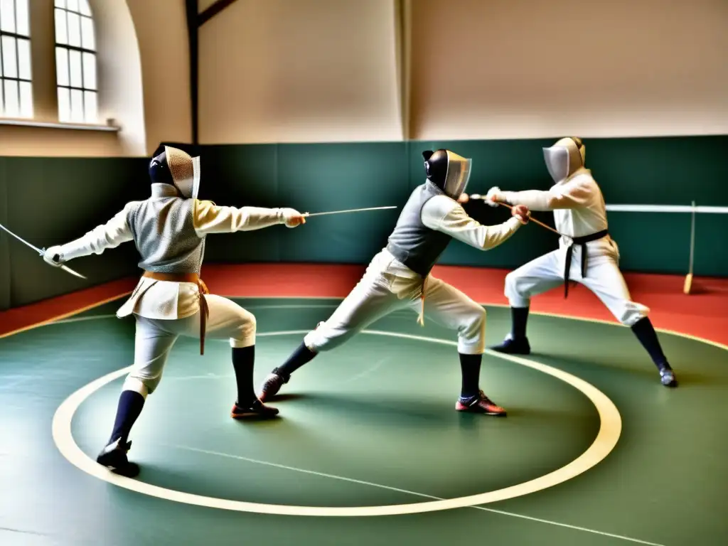 Un grupo de esgrimistas en trajes tradicionales practican técnicas con espadas y floretes en una sala histórica, resaltando la tradición cultural de los torneos de esgrima