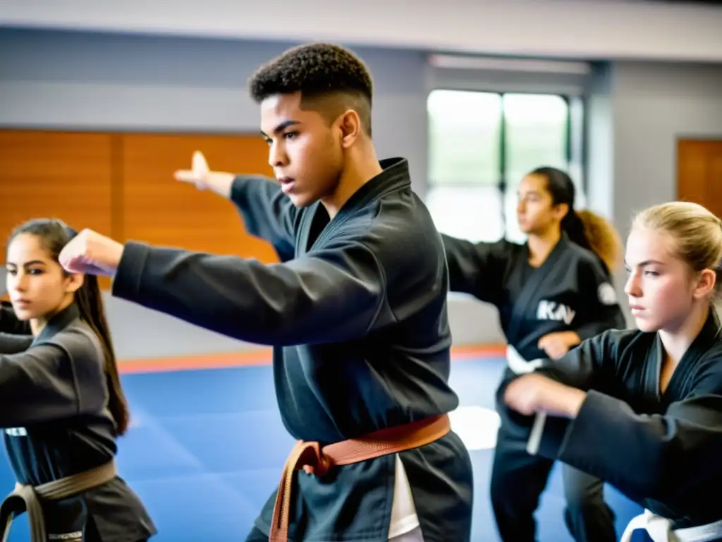 Grupo de estudiantes adolescentes practicando Krav Magá para adolescentes en un gimnasio, mostrando concentración y determinación