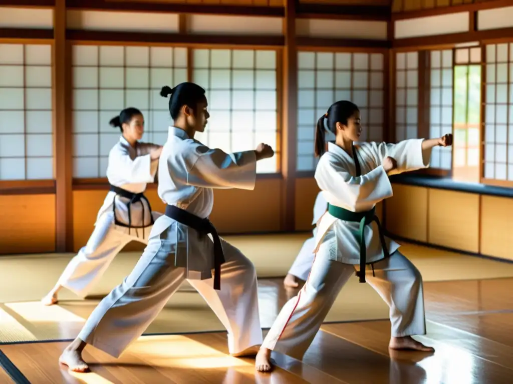 Un grupo de estudiantes practica artes marciales en un dojo japonés tradicional, en un ambiente de disciplinada tranquilidad