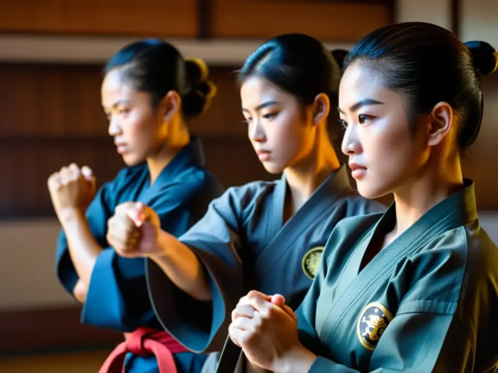 Un grupo de estudiantes de artes marciales practican katas con precisión en un dojo, resaltando la disciplina y el esfuerzo