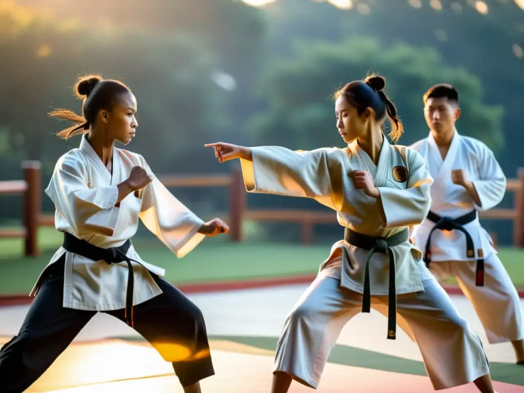 Un grupo de estudiantes de artes marciales tácticas practican en un entorno sereno, reflejando disciplina y dedicación