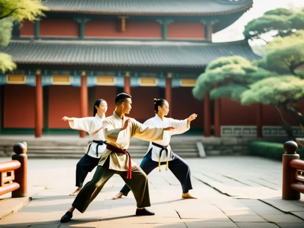 Un grupo de estudiantes de artes marciales practican kung fu en un patio chino tradicional, rodeados de vegetación exuberante y arquitectura antigua