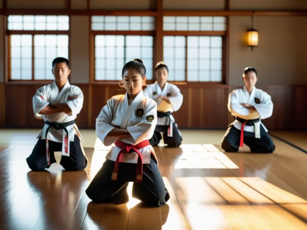 Grupo de estudiantes de artes marciales practicando técnicas de concentración en un dojo iluminado por el sol