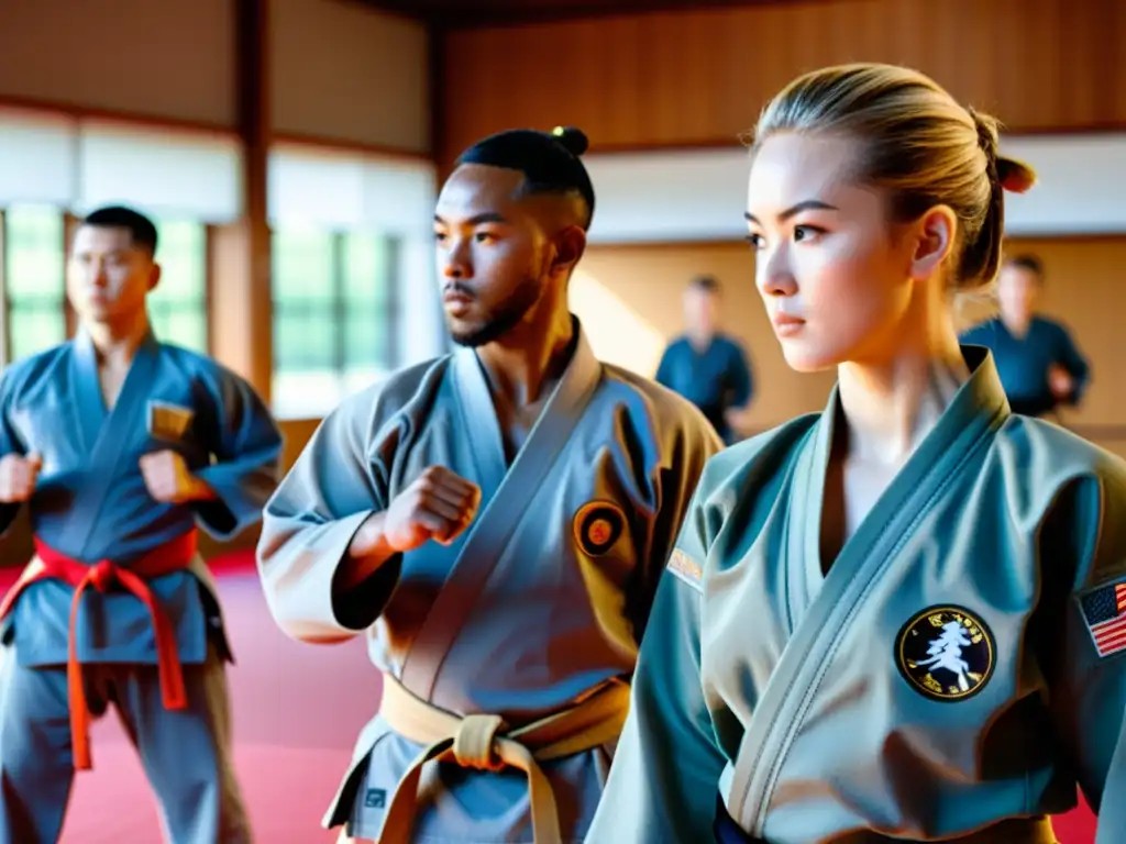 Grupo de estudiantes de artes marciales practicando técnicas con la mejor ropa entrenamiento artes marciales en un dojo soleado, mostrando profesionalismo y dedicación