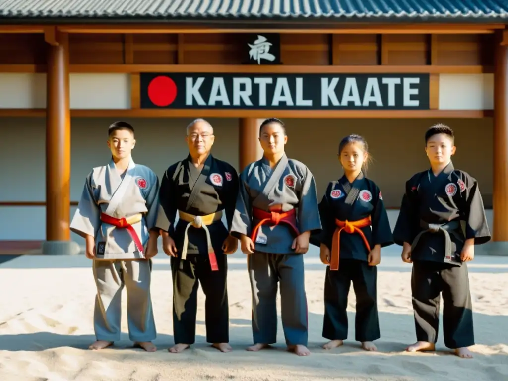 Grupo de estudiantes de artes marciales en uniformes oficiales de karate, realizando una reverencia tradicional en el dojo al atardecer