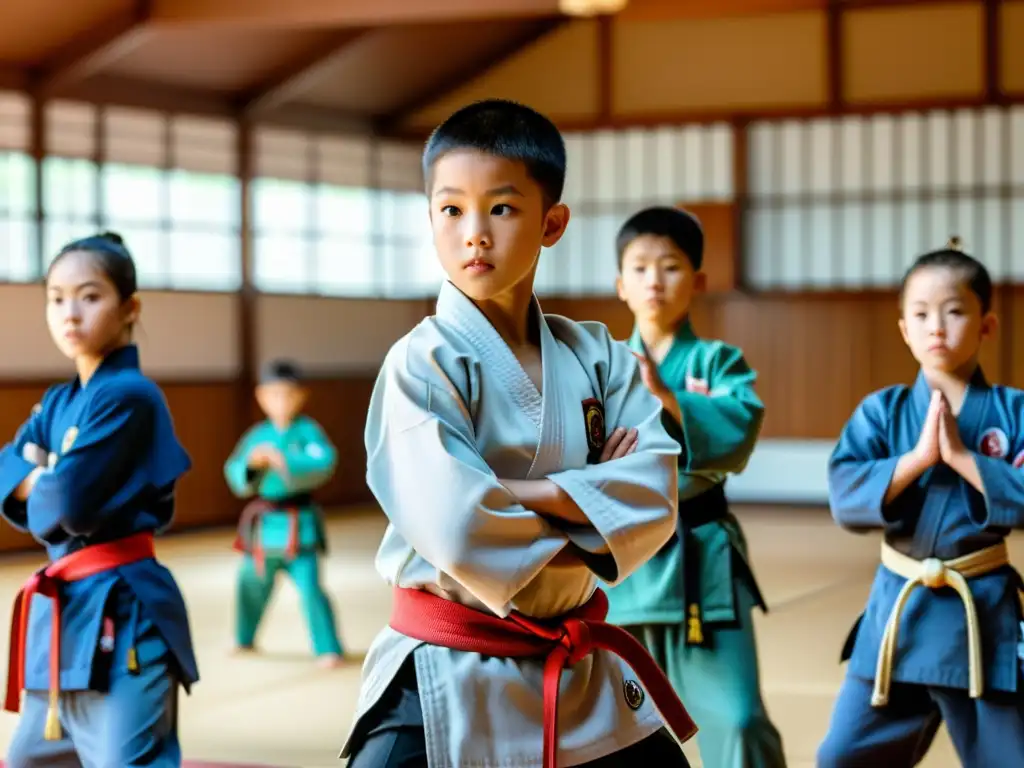 Un grupo de jóvenes estudiantes de artes marciales practican diligentemente en un amplio dojo, bajo la guía de un maestro