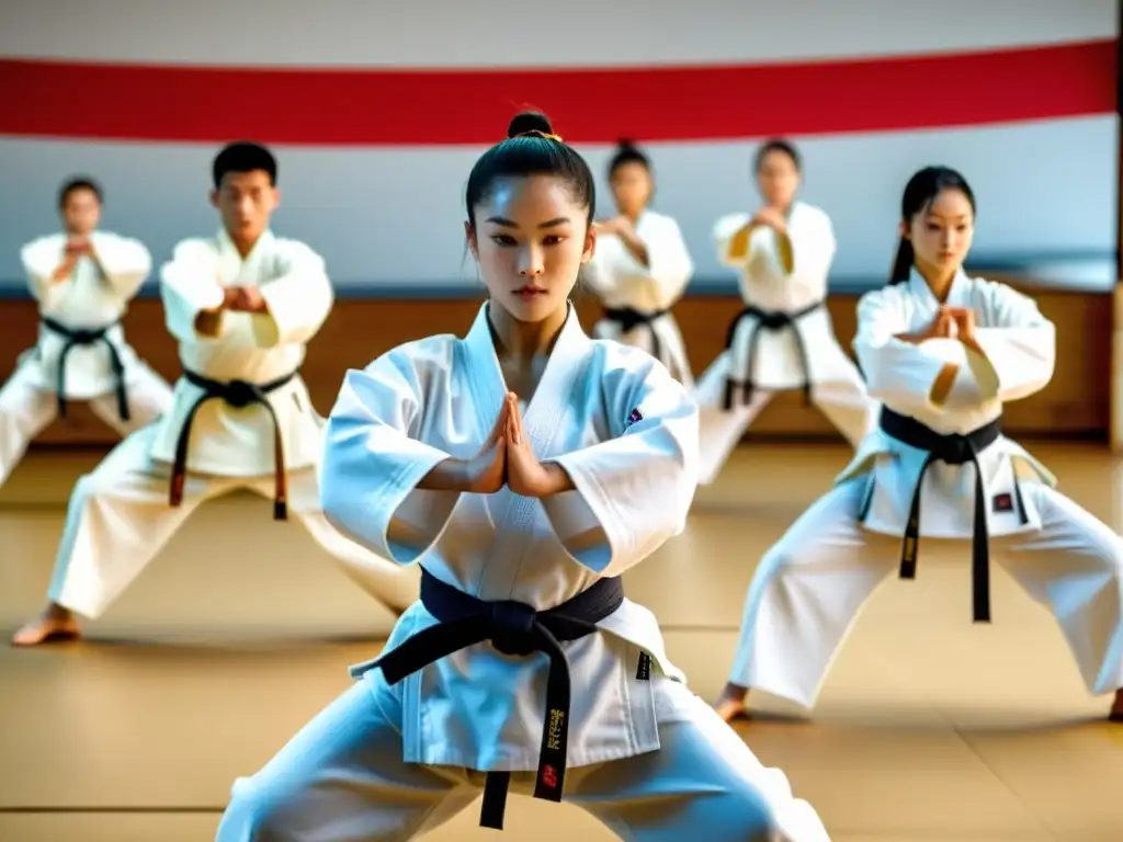 Grupo de estudiantes de artes marciales en dojo, ejecutando katas con precisión y determinación