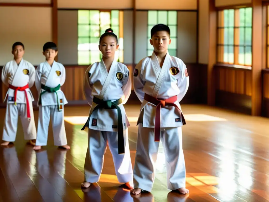 Un grupo de jóvenes estudiantes de artes marciales practican en un dojo, con sus uniformes blancos y cinturones de colores