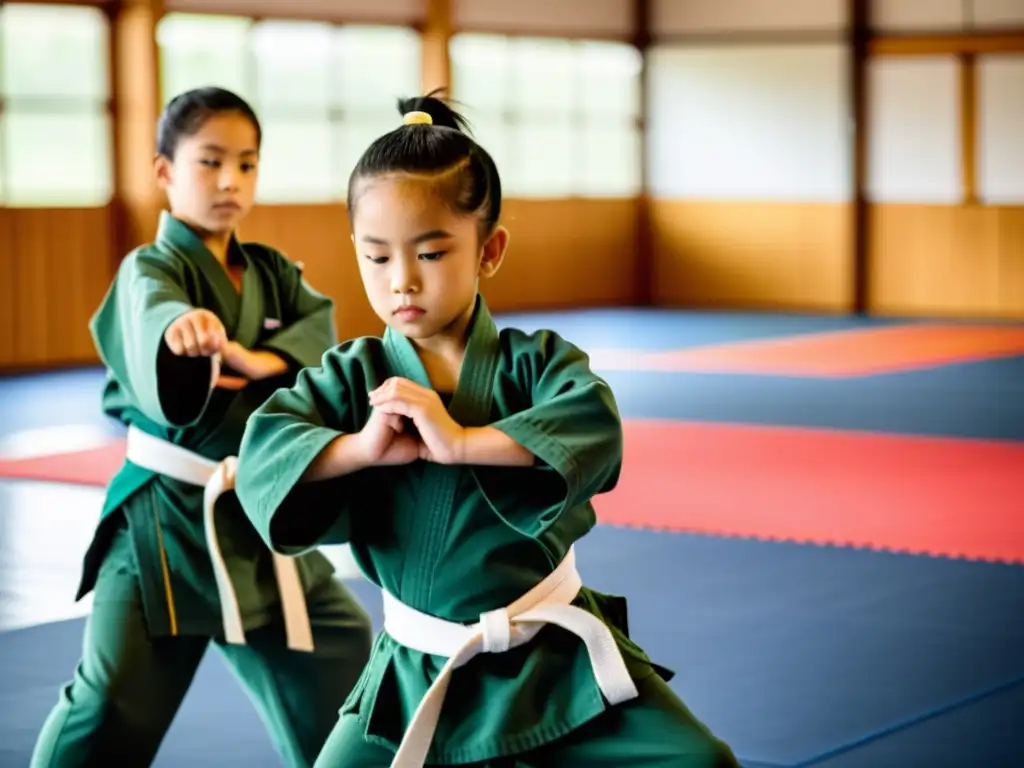 Un grupo de jóvenes estudiantes practican artes marciales con determinación en un espacioso dojo iluminado