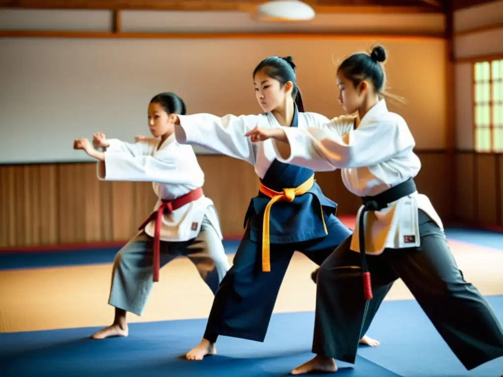 Grupo de jóvenes estudiantes de artes marciales practicando con determinación en un dojo soleado