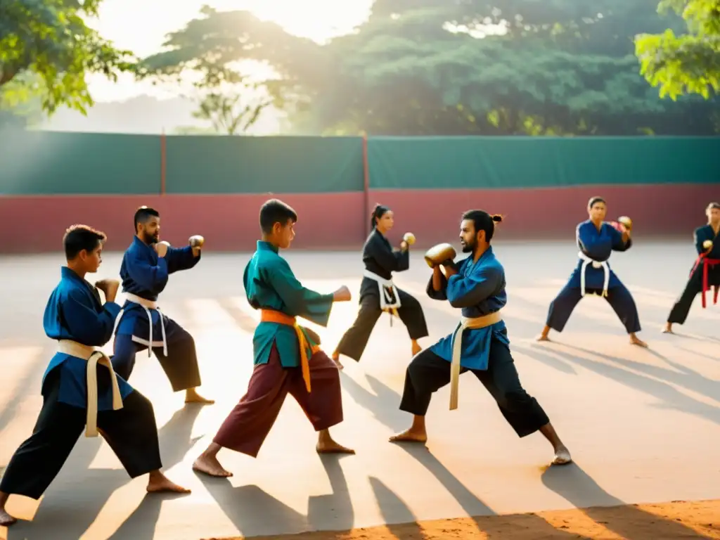 Grupo de estudiantes practican artes marciales al aire libre en Bangalore, India