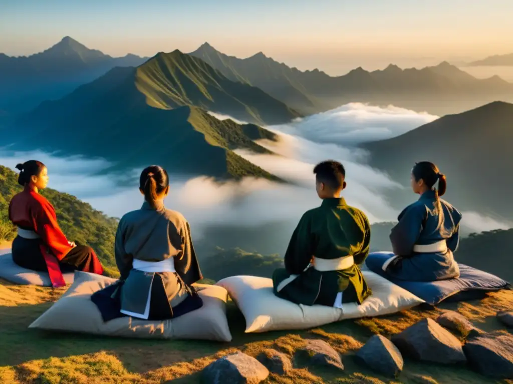 Grupo de estudiantes de artes marciales practicando al amanecer en una montaña de Asia