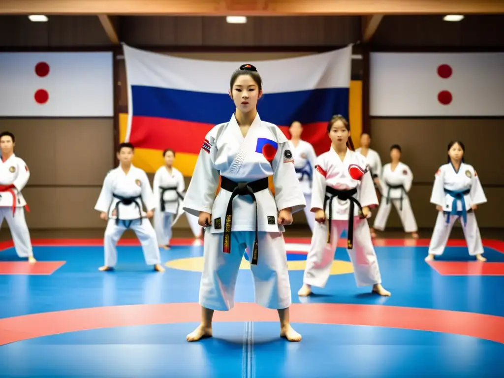 Un grupo de estudiantes de artes marciales practica con precisión en un dojang de Taekwondo en Corea del Sur