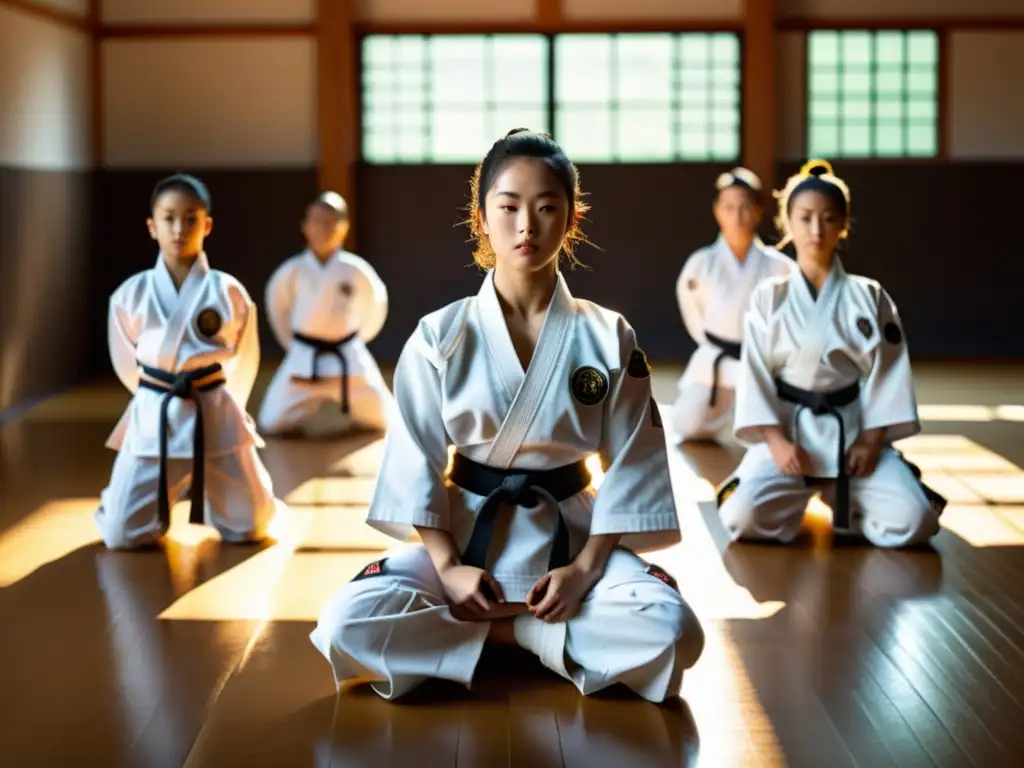 Un grupo de estudiantes de artes marciales practican movimientos sincronizados en un dojo soleado