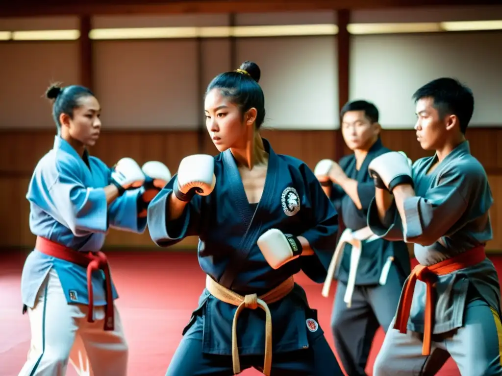 Un grupo de estudiantes de artes marciales practica intensamente en un dojo tradicional, mostrando disciplina y camaradería