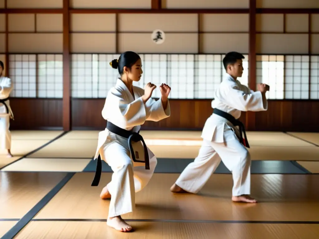 Grupo de estudiantes practicando artes marciales con disciplina y enfoque