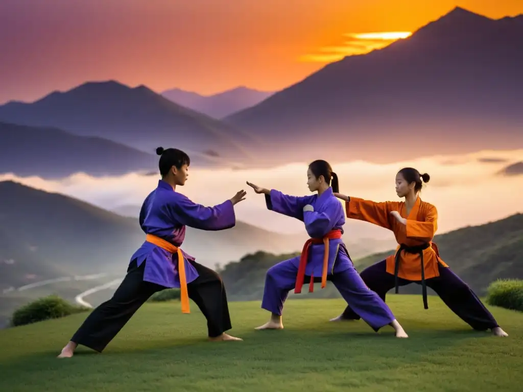 Grupo de estudiantes de artes marciales practicando kung fu al atardecer en la cima de una montaña remota