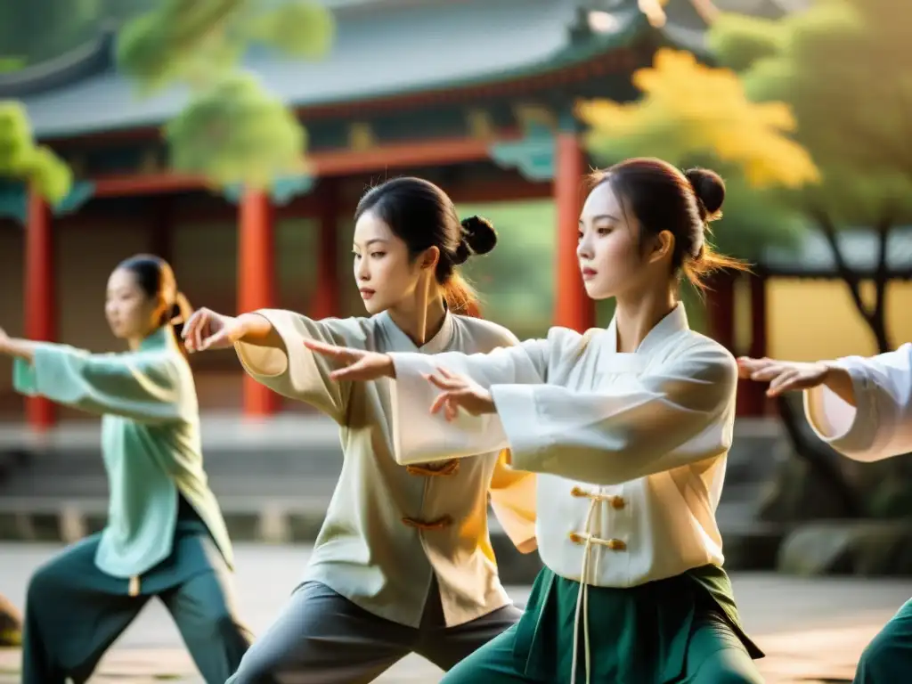 Un grupo de estudiantes de artes marciales chinas practican tai chi al aire libre, rodeados de exuberante vegetación y arquitectura china