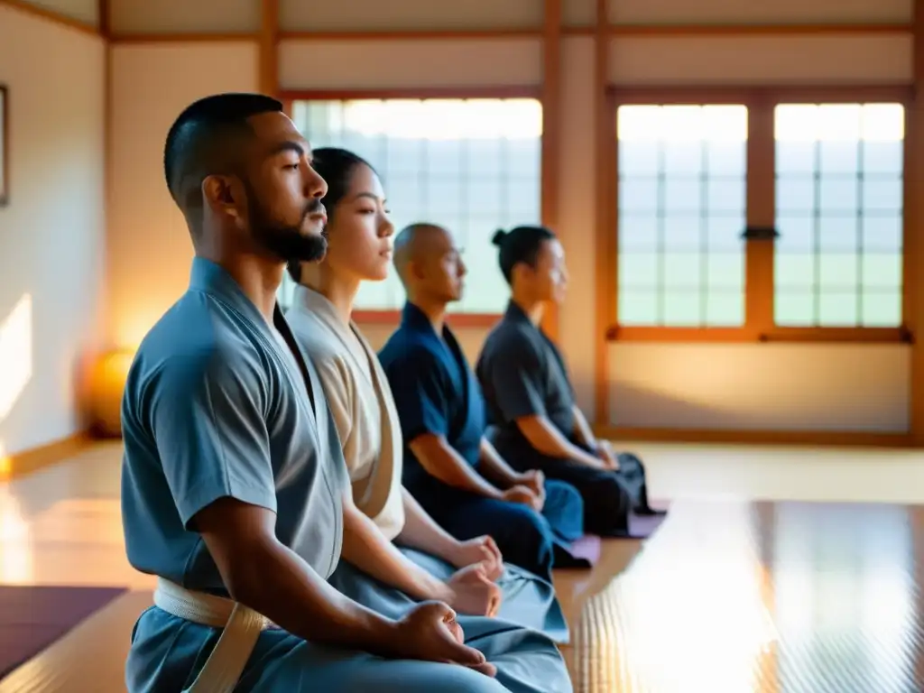 Grupo de estudiantes de artes marciales meditando en un dojo sereno al atardecer, guiados por el sensei