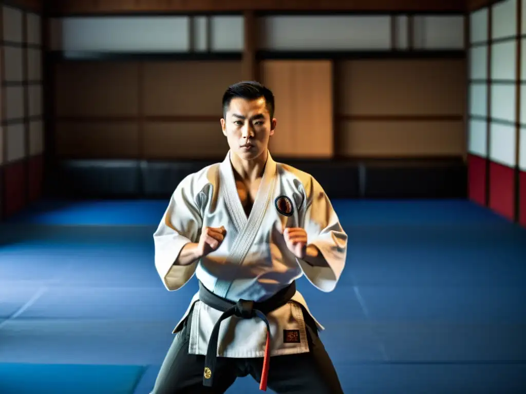 Grupo de estudiantes practicando artes marciales en un dojo tradicional, con intensidad y disciplina