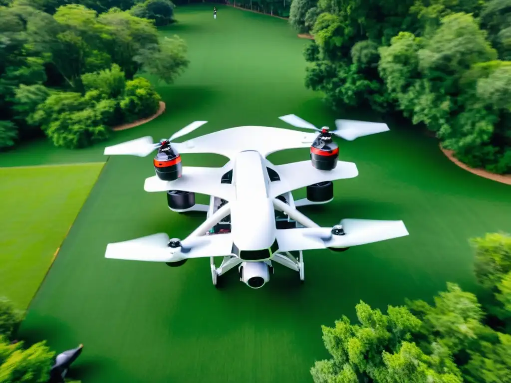 Un grupo de estudiantes de artes marciales practica en un área de entrenamiento al aire libre mientras un dron de filmación captura la escena