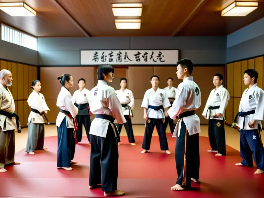 Un grupo de estudiantes de artes marciales practican con determinación en un dojo, demostrando disciplina y comunidad