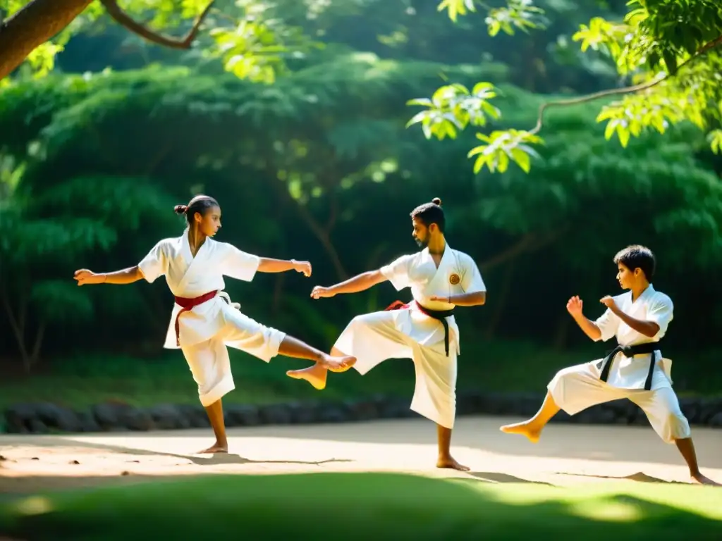 Un grupo de estudiantes de artes marciales practican Kalaripayattu al aire libre, rodeados de exuberante vegetación