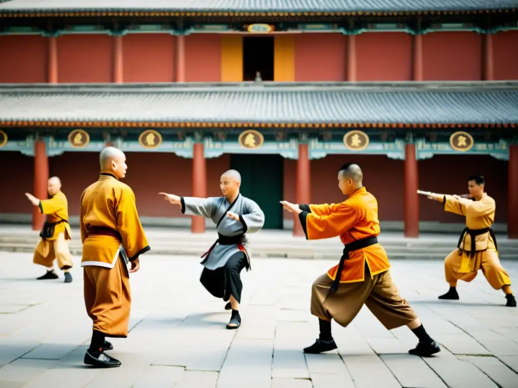 Un grupo de estudiantes de artes marciales practicando formas de kung fu en un tranquilo patio rodeado de antiguos templos