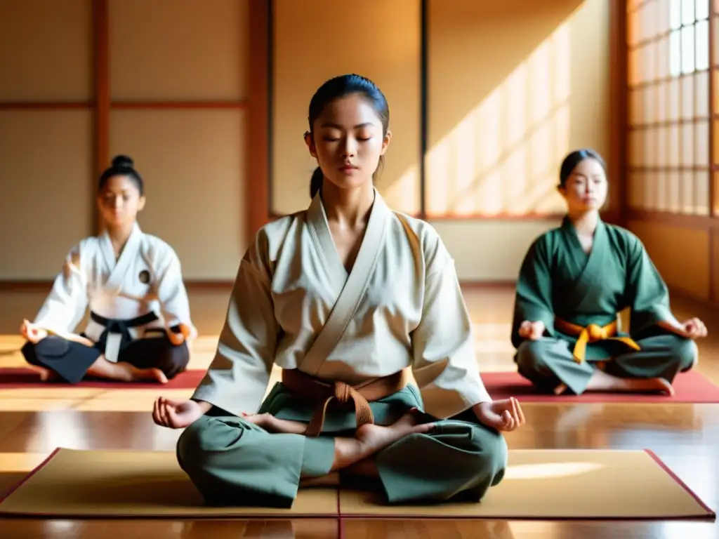 Grupo de estudiantes practicando artes marciales y meditación en un estudio sereno, con un ambiente de concentración y disciplina