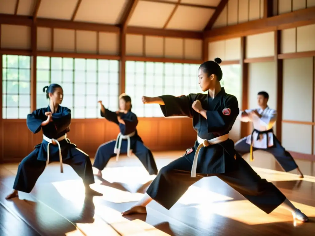 Grupo de estudiantes de artes marciales practicando con disciplina en un dojo sereno, transmitiendo la esencia de preparación eventos artes marciales