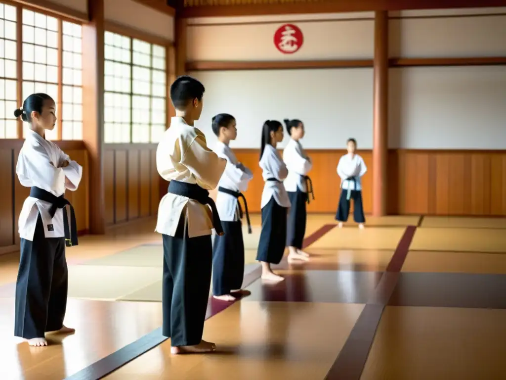 Grupo de estudiantes de artes marciales practican movimientos sincronizados en un dojo tradicional, con dispositivos digitales integrados