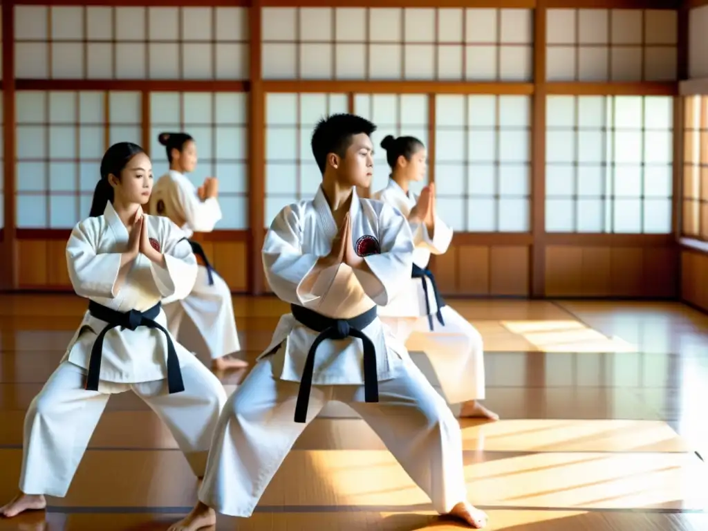 Un grupo de estudiantes de artes marciales realiza un kata sincronizado en un dojo iluminado por el sol, reflejando disciplina y armonía