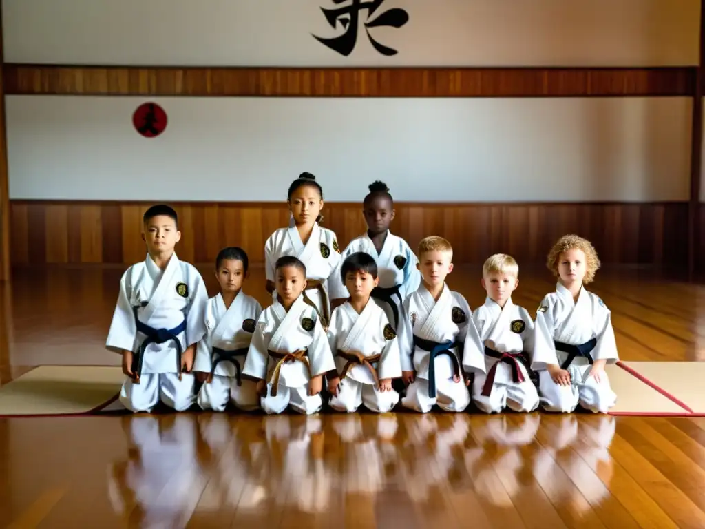 Grupo de jóvenes estudiantes de artes marciales en formación, reflejando la importancia de la disciplina y los valores en el dojo