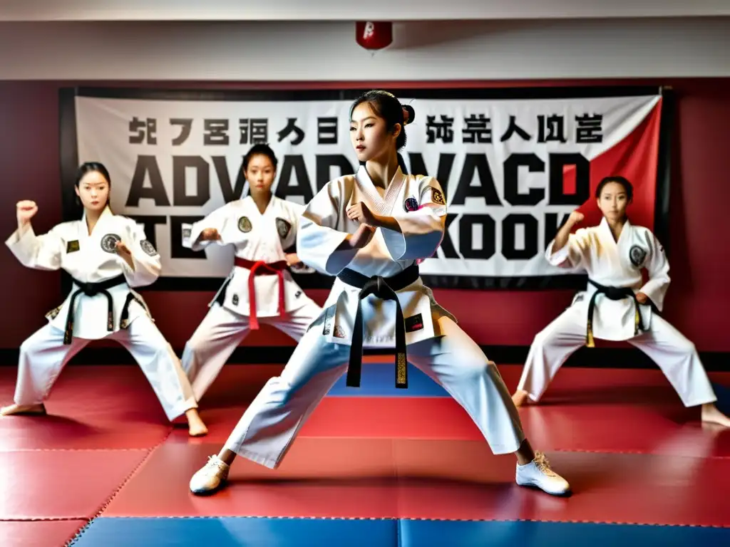 Grupo de estudiantes avanzados de Taekwondo realizando movimientos precisos y potentes en un dojo tradicional